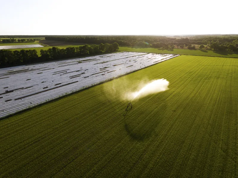 Dronefoto van een landbouwveld met beregening bij zonsondergang